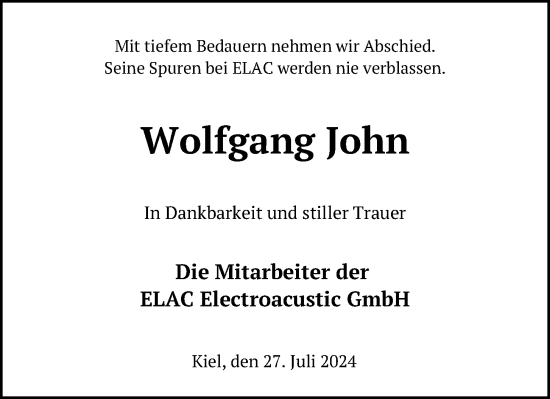 Traueranzeige von Wolfgang John von Kieler Nachrichten