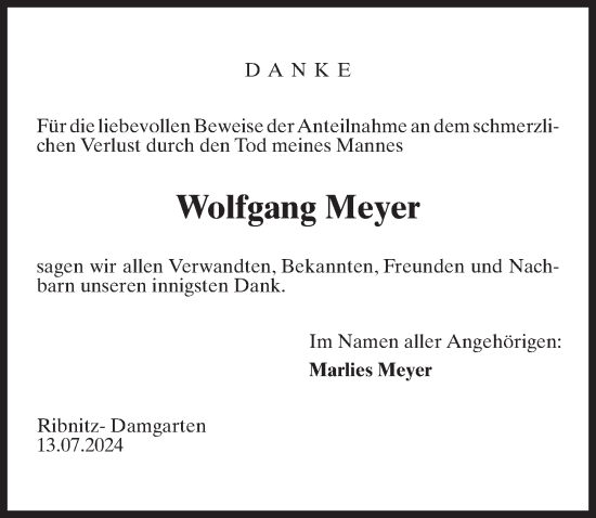 Traueranzeige von Wolfgang Meyer von Ostsee-Zeitung GmbH