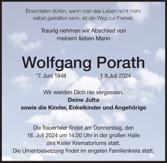 Traueranzeige von Wolfgang Porath von Kieler Nachrichten
