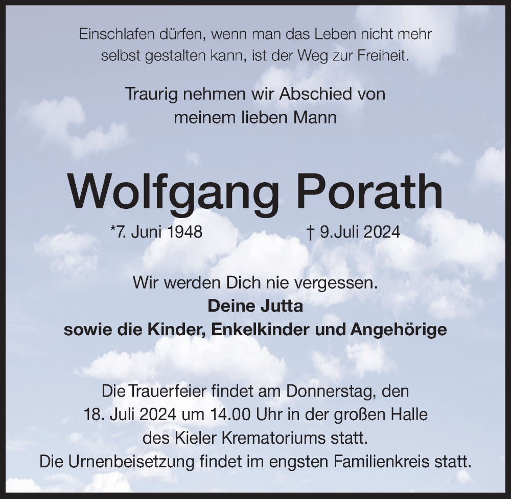  Traueranzeige für Wolfgang Porath vom 13.07.2024 aus Kieler Nachrichten