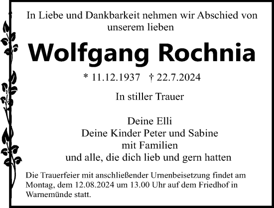Traueranzeige von Wolfgang Rochnia von Ostsee-Zeitung GmbH