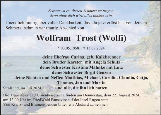 Traueranzeige von Wolfram Trost von Ostsee-Zeitung GmbH