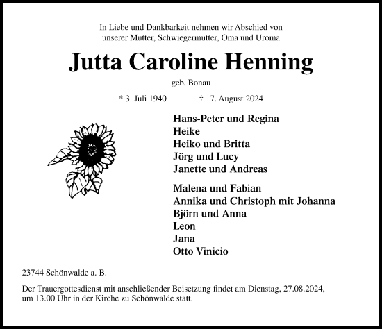 Traueranzeige von Jutta Caroline Henning 