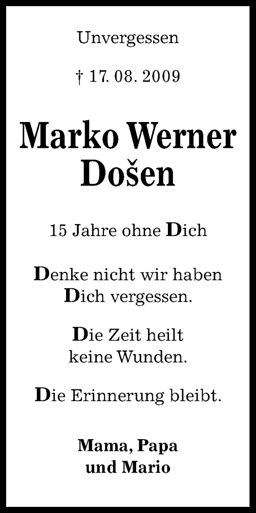  Traueranzeige für Marko Werner Došen vom 17.08.2024 aus Kieler Nachrichten