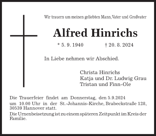 Traueranzeige von Alfred Hinrichs von Hannoversche Allgemeine Zeitung/Neue Presse