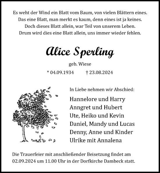 Traueranzeige von Alice Sperling von Ostsee-Zeitung GmbH