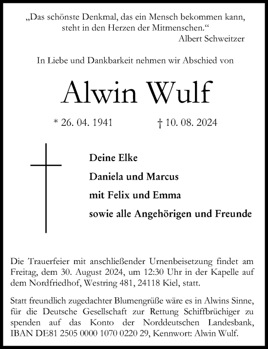 Traueranzeige von Alwin Wulf von Kieler Nachrichten