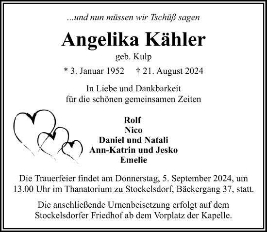 Traueranzeige von Angelika Kähler von Lübecker Nachrichten