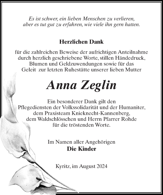 Traueranzeige von Anna Zeglin von Wochenspiegel