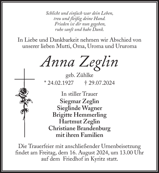 Traueranzeige von Anna Zeglin von Wochenspiegel