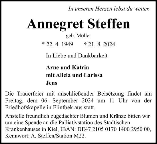 Traueranzeige von Annegret Steffen von Kieler Nachrichten