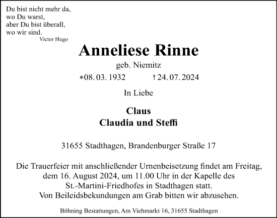 Traueranzeige von Anneliese Rinne von Schaumburger Nachrichten