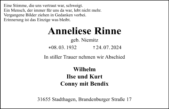 Traueranzeige von Anneliese Rinne von Schaumburger Nachrichten