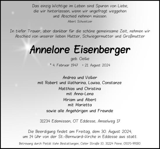 Traueranzeige von Annelore Eisenberger von Peiner Allgemeine Zeitung