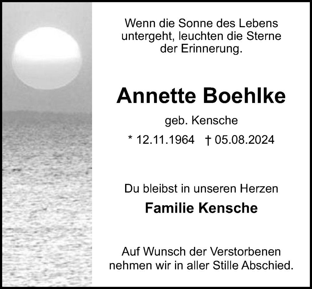  Traueranzeige für Annette Boehlke vom 17.08.2024 aus Schaumburger Nachrichten