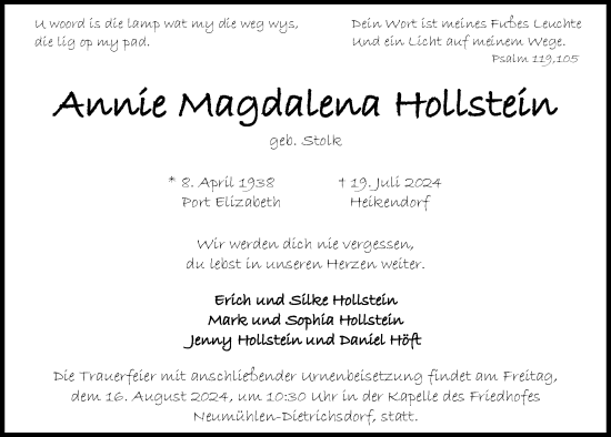 Traueranzeige von Annie Magdalena Hollstein von Kieler Nachrichten