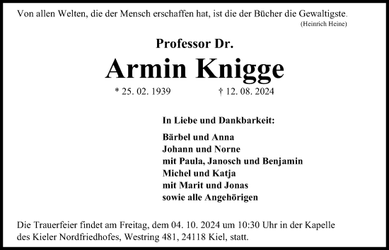 Traueranzeige von Armin Knigge von Kieler Nachrichten