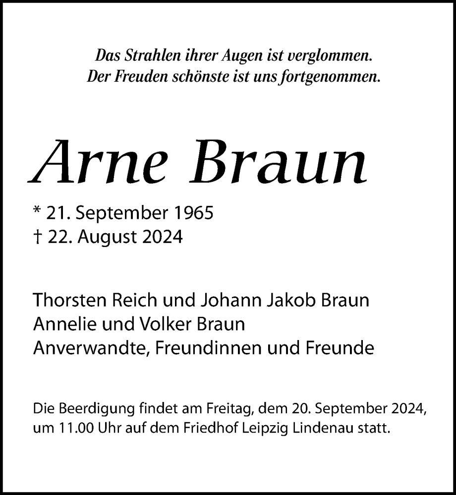  Traueranzeige für Arne Braun vom 31.08.2024 aus Leipziger Volkszeitung