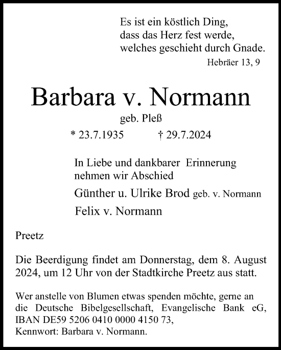 Traueranzeige von Barbara Normann von Kieler Nachrichten