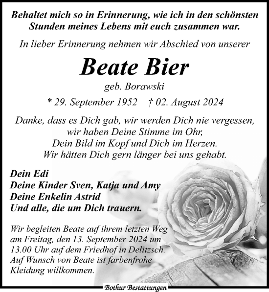 Traueranzeige von Beate Bier von Leipziger Volkszeitung