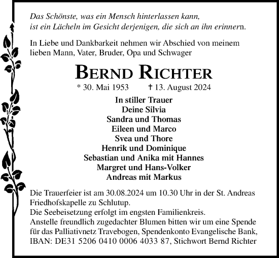 Traueranzeige von Bernd Richter von Lübecker Nachrichten