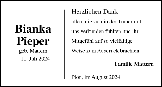 Traueranzeige von Bianka Pieper von Kieler Nachrichten