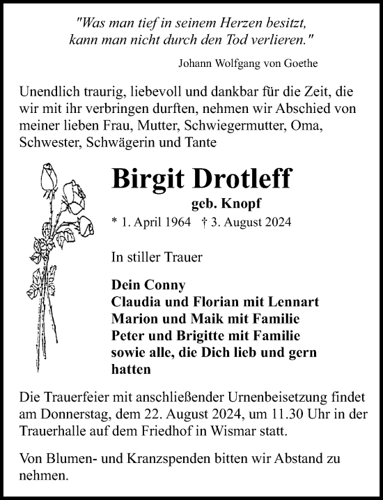 Traueranzeige von Birgit Drotleff von Ostsee-Zeitung GmbH