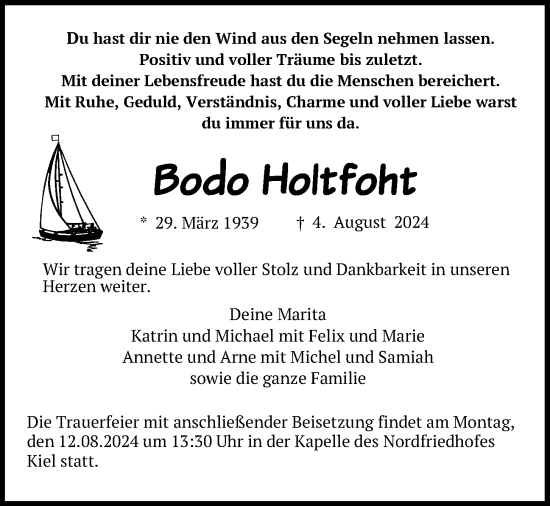 Traueranzeige von Bodo Holtfoht von Kieler Nachrichten