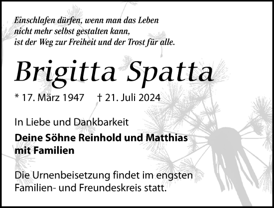 Traueranzeige von Brigitta Spatta