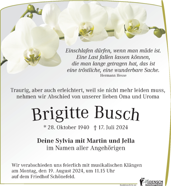 Traueranzeige von Brigitte Busch von Leipziger Volkszeitung