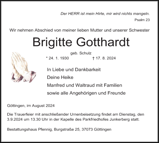 Traueranzeige von Brigitte Gotthardt von Göttinger Tageblatt