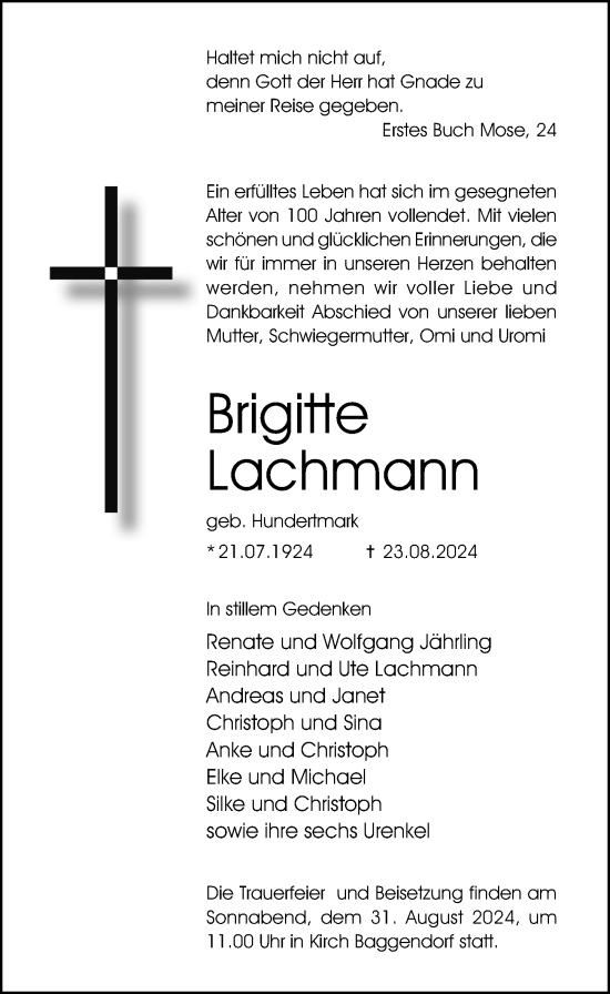 Traueranzeige von Brigitte Lachmann von Ostsee-Zeitung GmbH