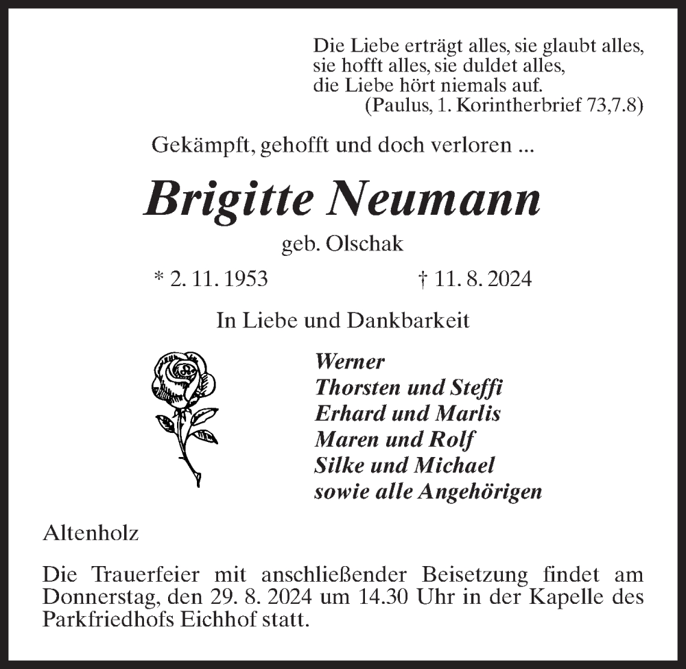  Traueranzeige für Brigitte Neumann vom 24.08.2024 aus Kieler Nachrichten