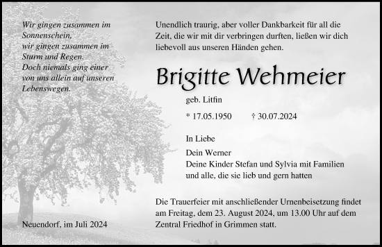 Traueranzeige von Brigitte Wehmeier von Ostsee-Zeitung GmbH