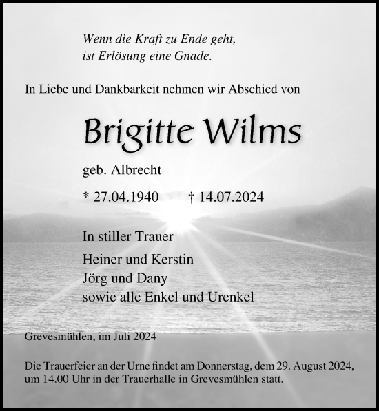 Traueranzeige von Brigitte Wilms von Ostsee-Zeitung GmbH