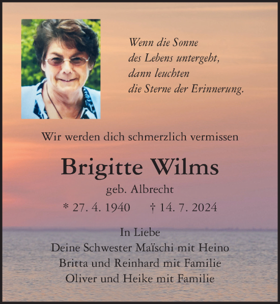 Traueranzeige von Brigitte Wilms von Ostsee-Zeitung GmbH