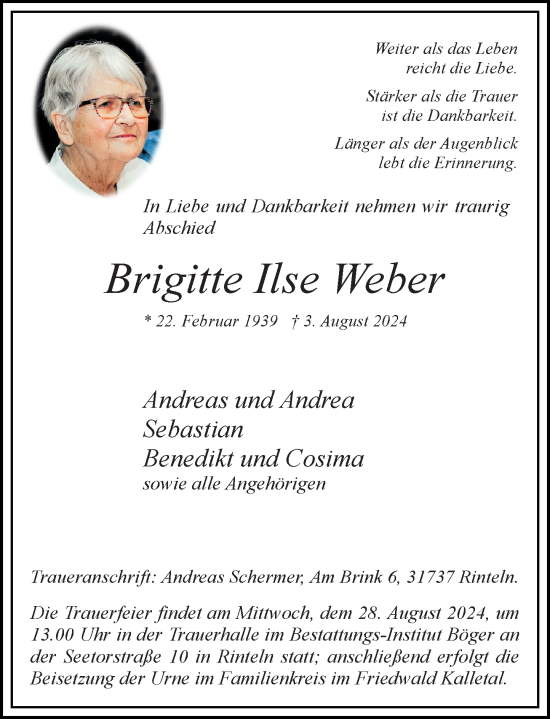 Traueranzeige von Brigitte Ilse Weber von Schaumburger Nachrichten und Schaumburger Zeitung/ Landes-Zeitung