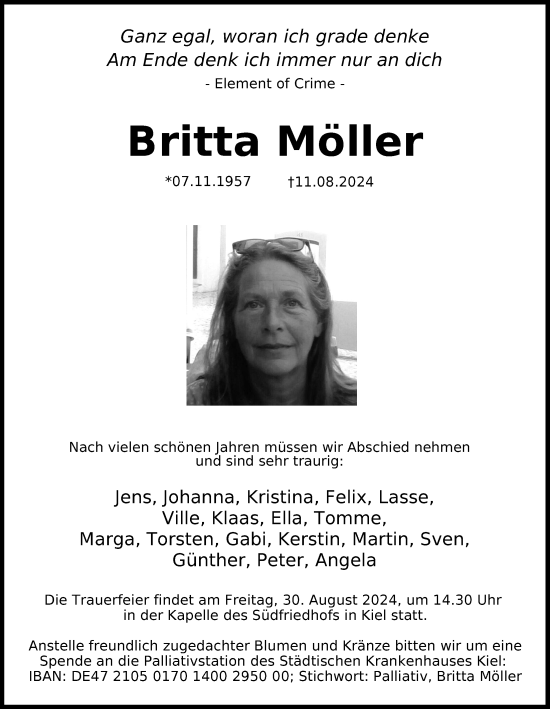 Traueranzeige von Britta Möller von Kieler Nachrichten