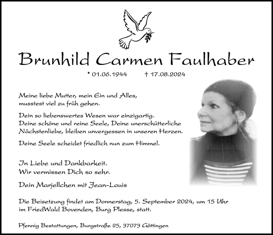 Traueranzeige von Brunhild Carmen Faulhaber von Göttinger Tageblatt