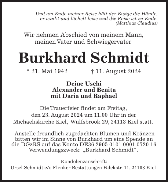 Traueranzeige von Burkhard Schmidt von Kieler Nachrichten