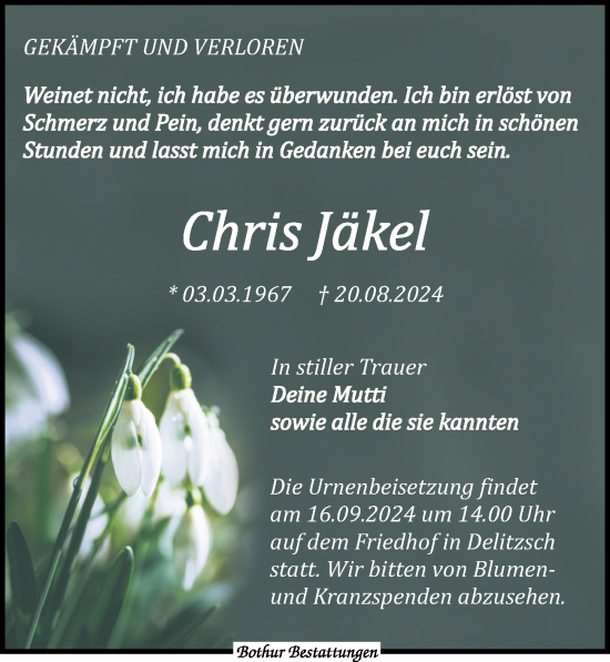 Traueranzeige von Chris Jäkel von Leipziger Volkszeitung