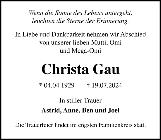 Traueranzeige von Christa Gau von Ostsee-Zeitung GmbH