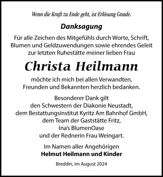 Traueranzeige von Christa Heilmann von Wochenspiegel