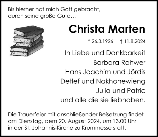 Traueranzeige von Christa Marten von Lübecker Nachrichten