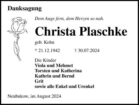 Traueranzeige von Christa Plaschke von Ostsee-Zeitung GmbH