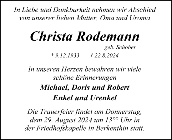 Traueranzeige von Christa Rodemann von Lübecker Nachrichten