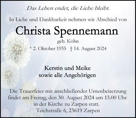 Traueranzeige von Christa Spennemann von Lübecker Nachrichten