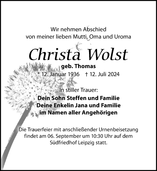 Traueranzeige von Christa Wolst von Leipziger Volkszeitung