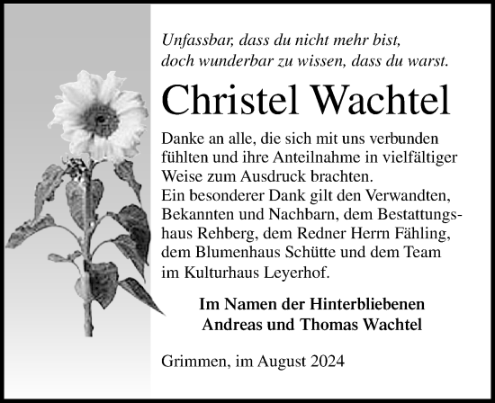 Traueranzeige von Christel Wachtel von Ostsee-Zeitung GmbH