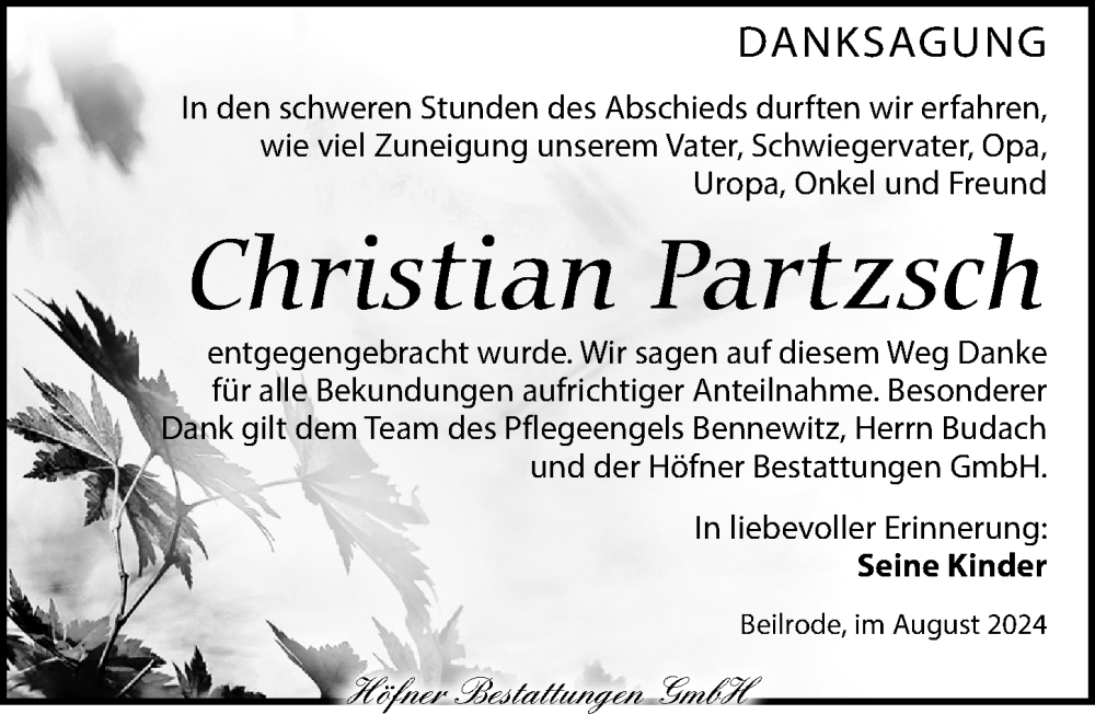  Traueranzeige für Christian Partzsch vom 31.08.2024 aus Leipziger Volkszeitung